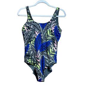 Athleta One Piece Swimsuit Womens Medium Midnight Palm Scoop Neck Swim Ladies